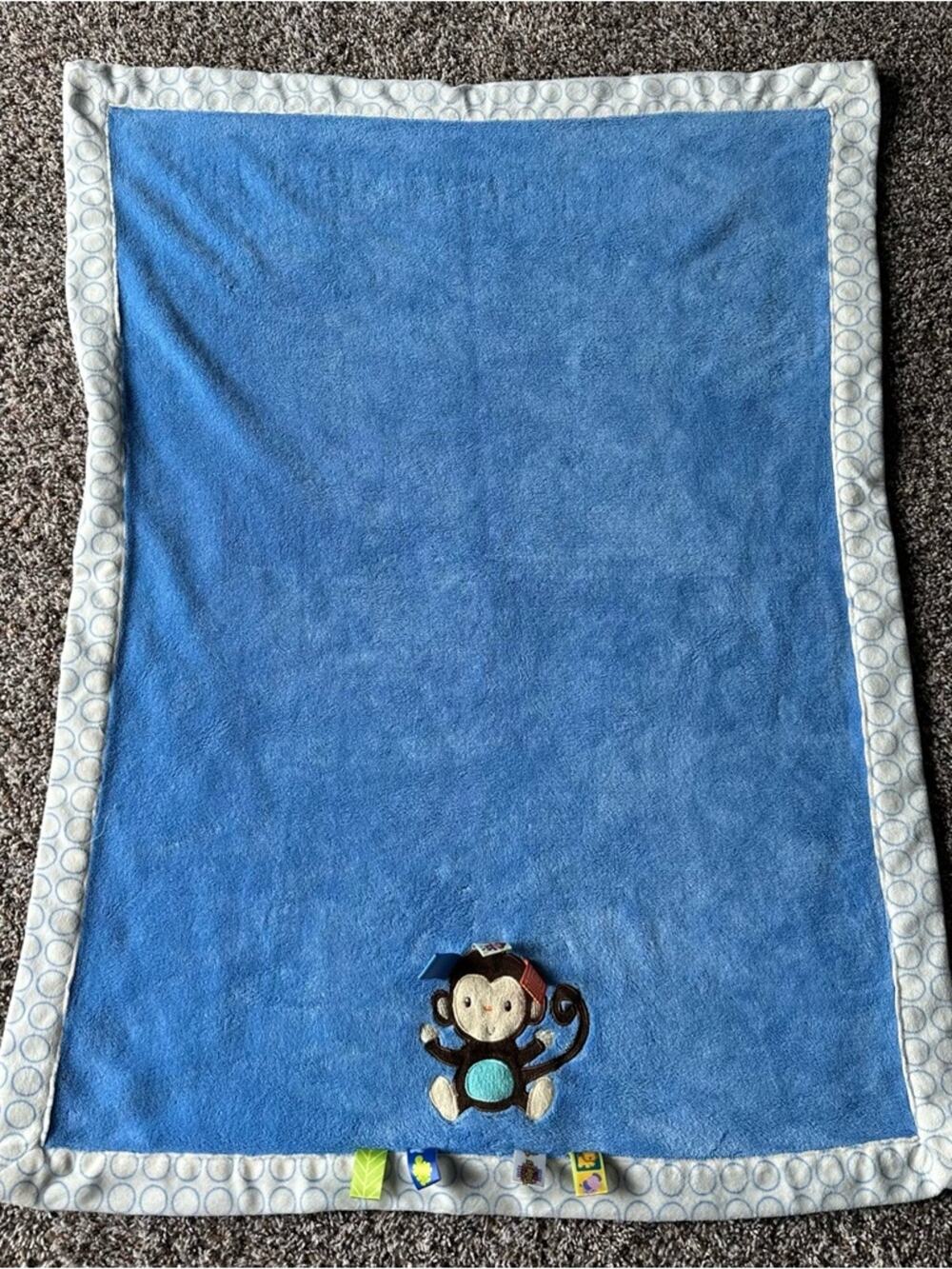 Taggies Blue Monkey Baby Blanket with Light Blue Dot Border